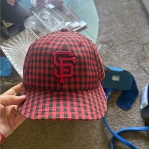 New Era Red and Black Checkered Hat with SF Logo